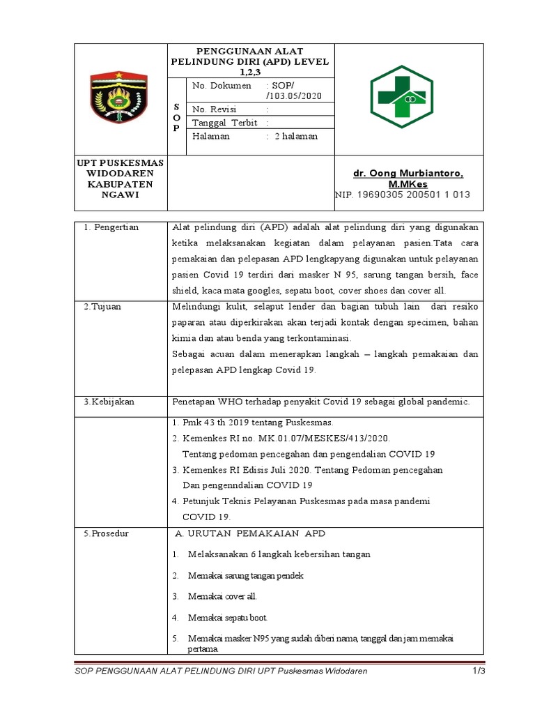 SOP Penggunaan APD Level 1, 2, 3 COVID-19 | PDF