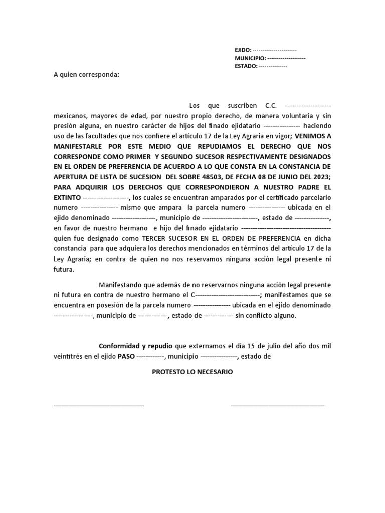 Repudio de Derechos Agrarios Ejidal | PDF