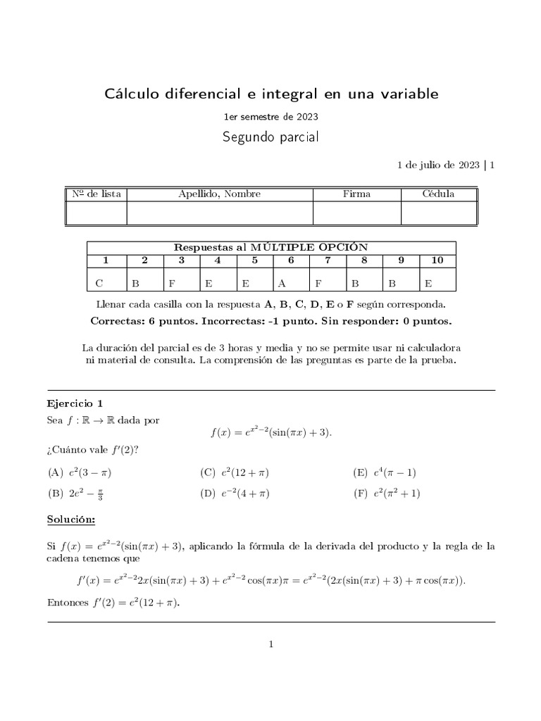 Examen Calculo Diferencial e Integral en Una Variable Con Solución ...