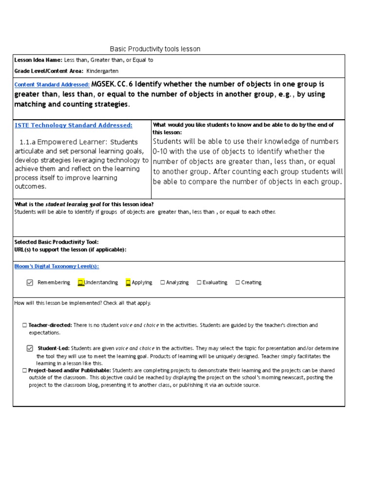 Basic Productivity Tools Lesson PDF Learning Teachers