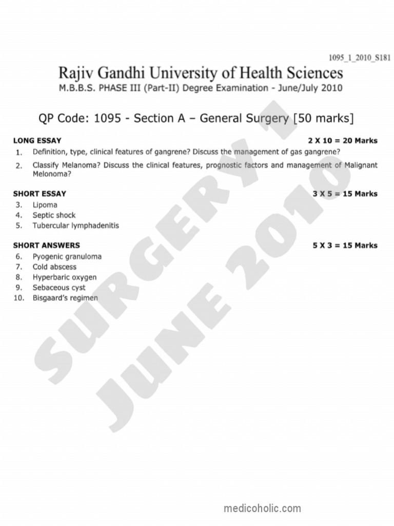 4th Year MBBS Question Papers RGUHS General Surgery Paper 1 PDF