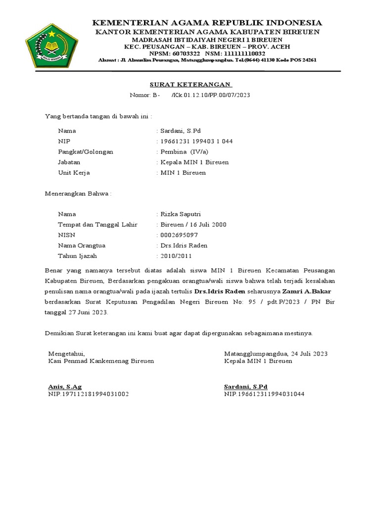 SURAT KETERANGAN Kesalahan Ijazah Penulisan Nama Ortu | PDF