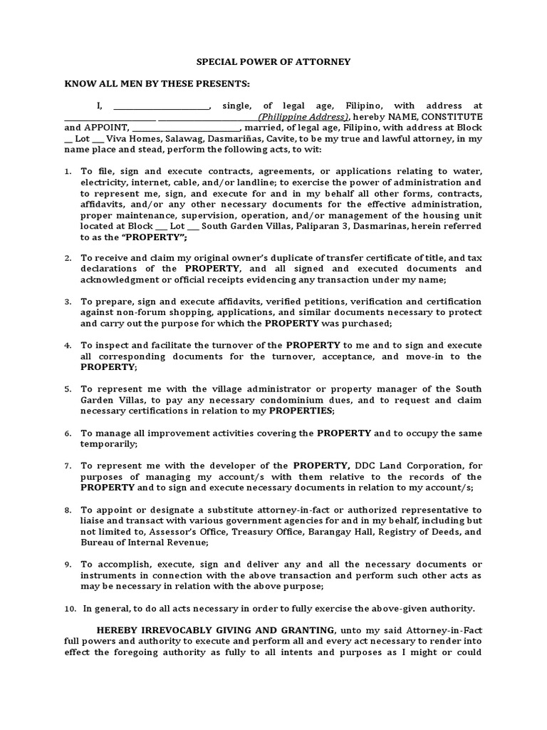 SPECIAL POWER OF ATTORNEY - Various Transactions Property | PDF | Power ...