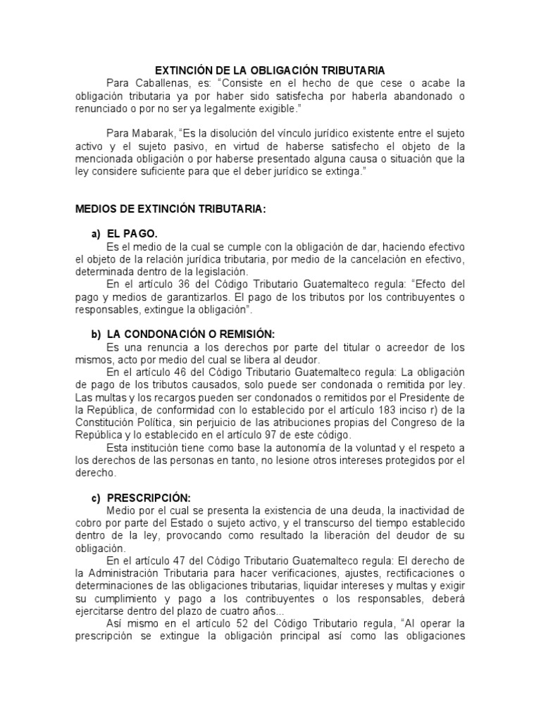 Extinción de La Obligación Tributaria | PDF | Pagos | Estatuto de ...