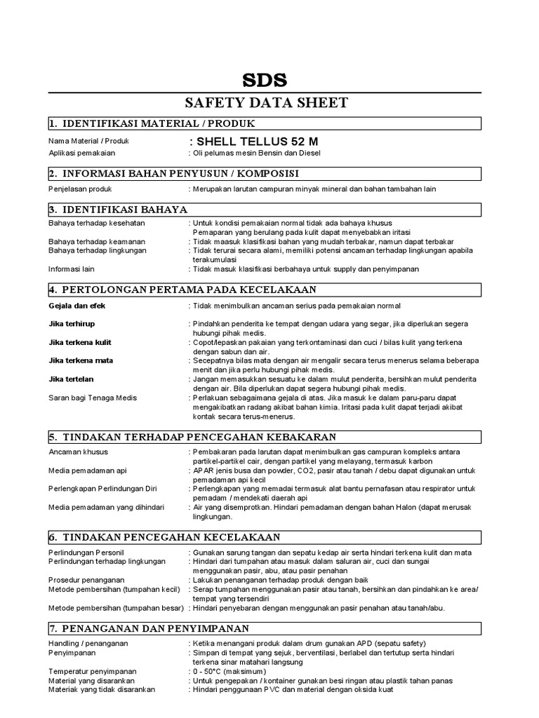 SDS Shell Tellus 52: Informasi Penting | PDF