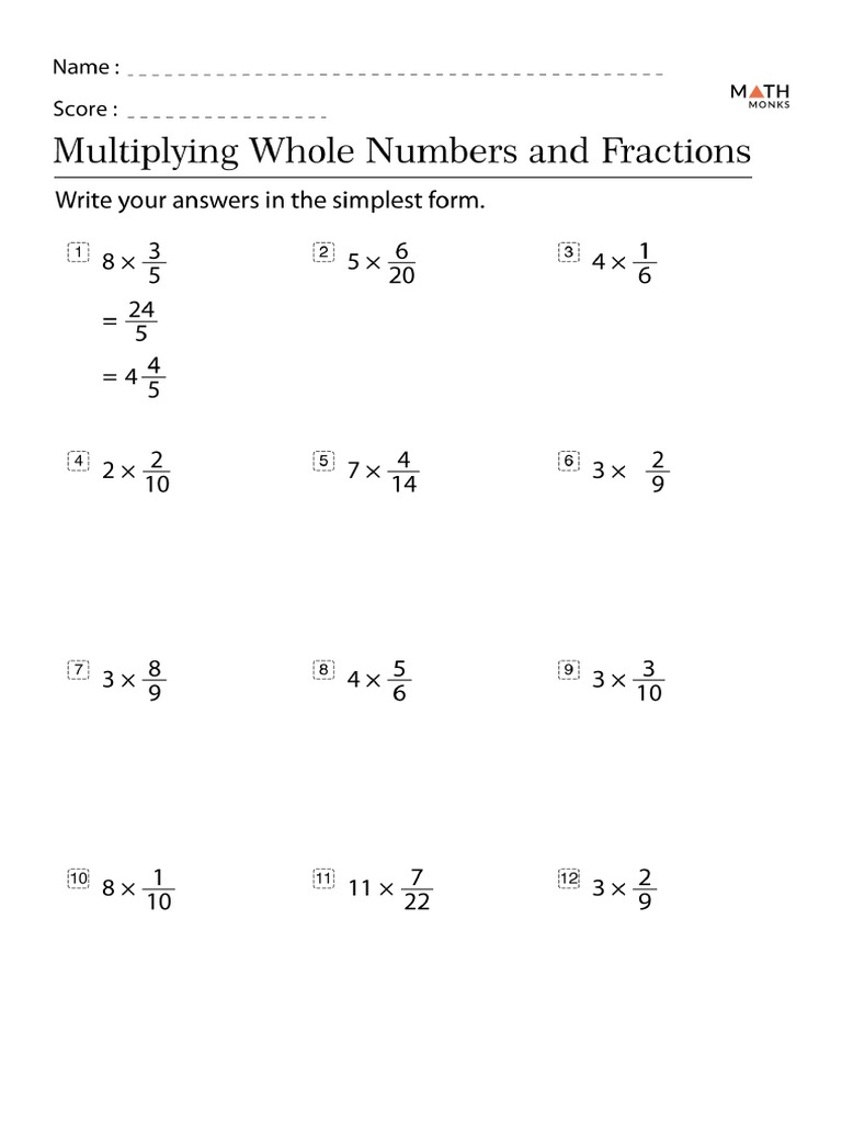 4th Grade Math Multiplying Fractions and Whole Numbers Worksheets | PDF