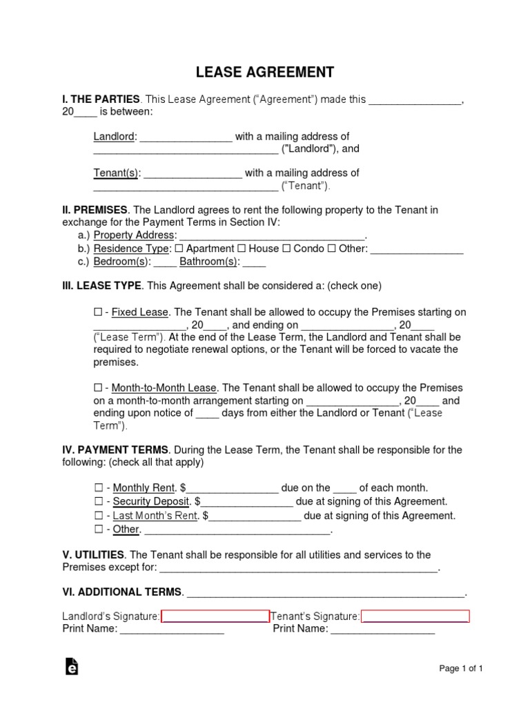 One 1 Page Residential Lease Agreement PDF