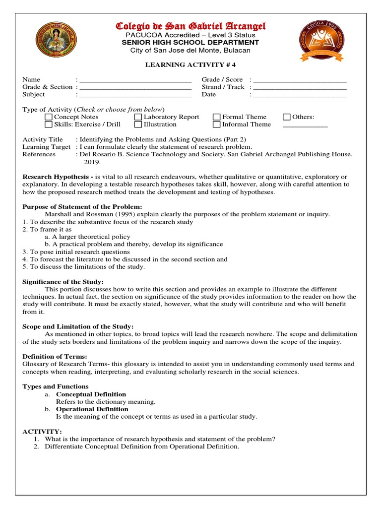 Las 4 Identifying The Problems And Asking Questions Part 2 Pdf