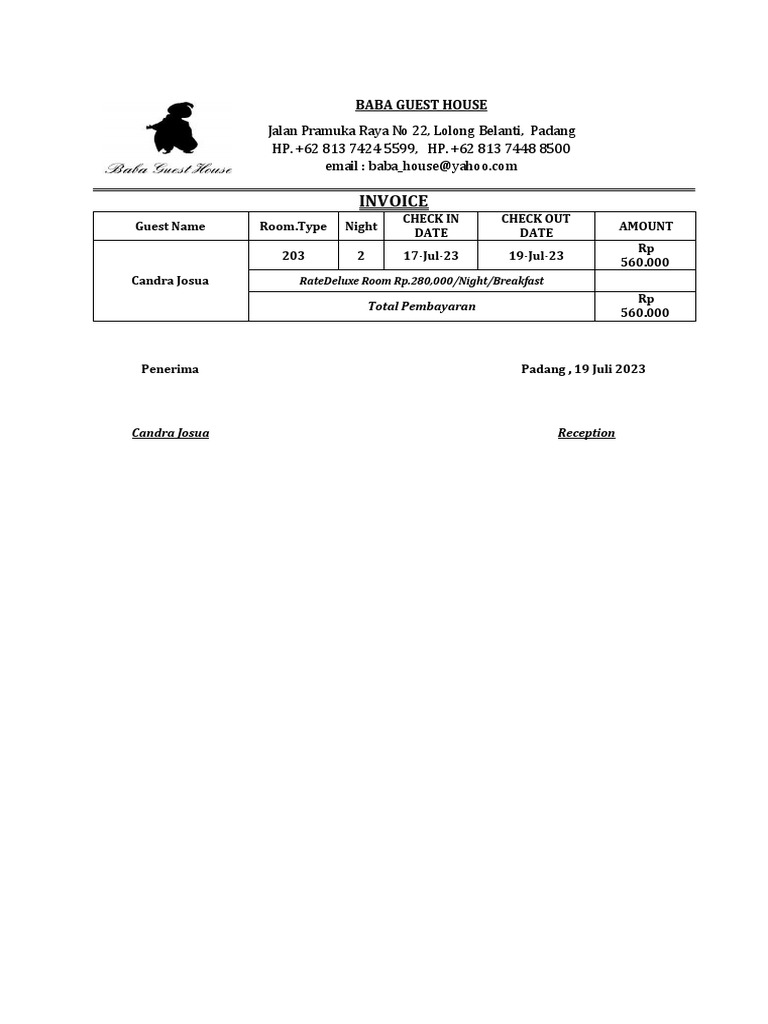 BABA Guest House Invoice for Candra Josua | PDF