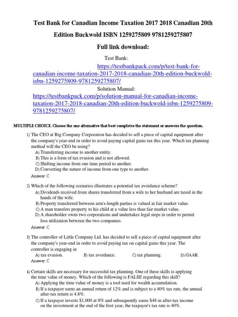 Canadian Taxation Canadian 20th Edition Buckwold ISBN Test Bank PDF Taxes Tax Avoidance