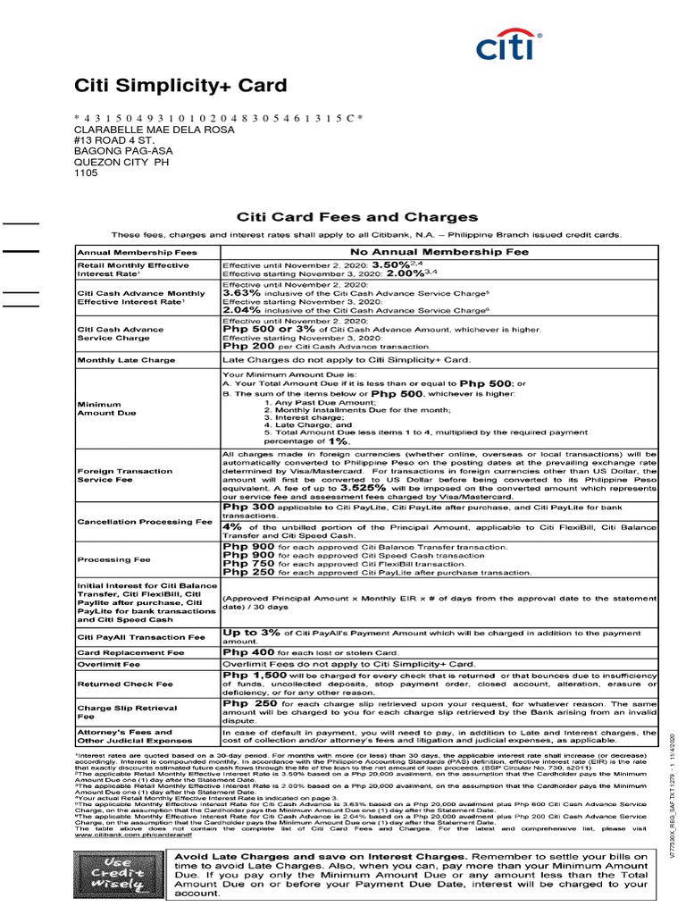 Citi Simplicity+ Card Statement Summary | PDF | Credit Card | Payments