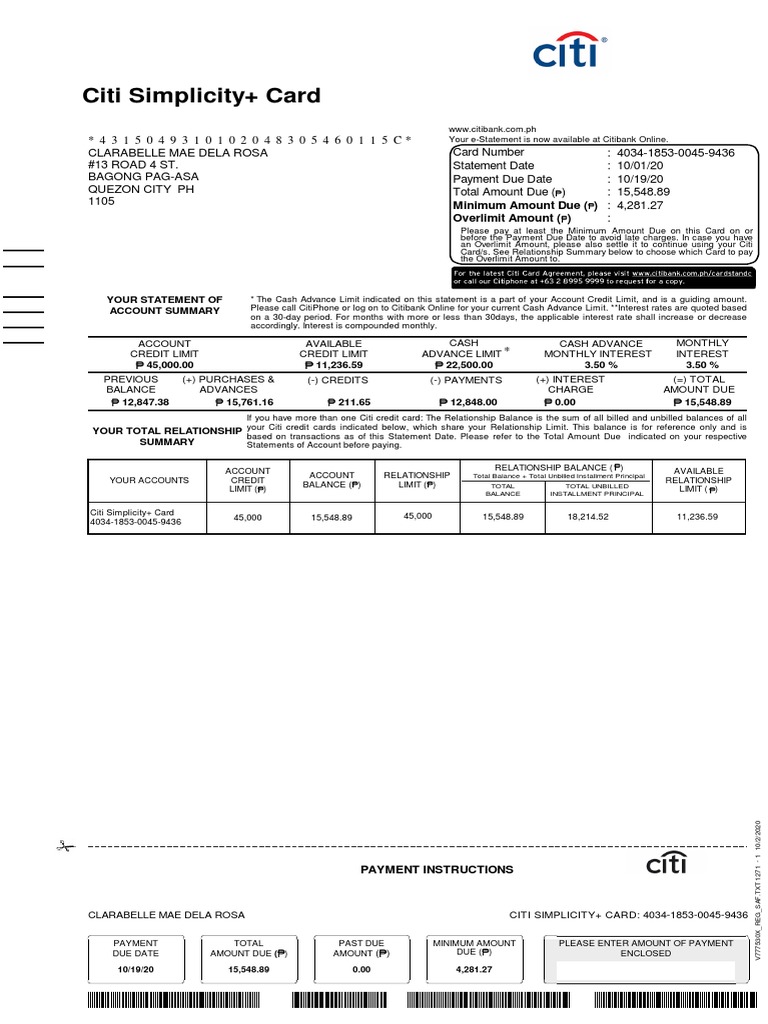 Citi Simplicity+ Card Statement Summary | PDF | Credit Card | Interest
