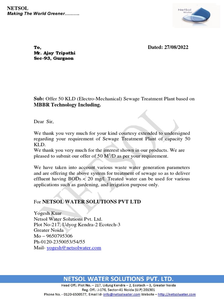 50 KLD Sewage Treatment Plant Proposal | PDF