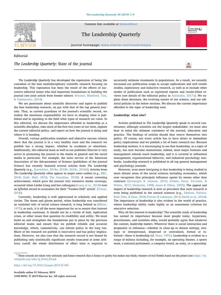 The Leadership Quarterly State of The Journal 2019 The Leadership