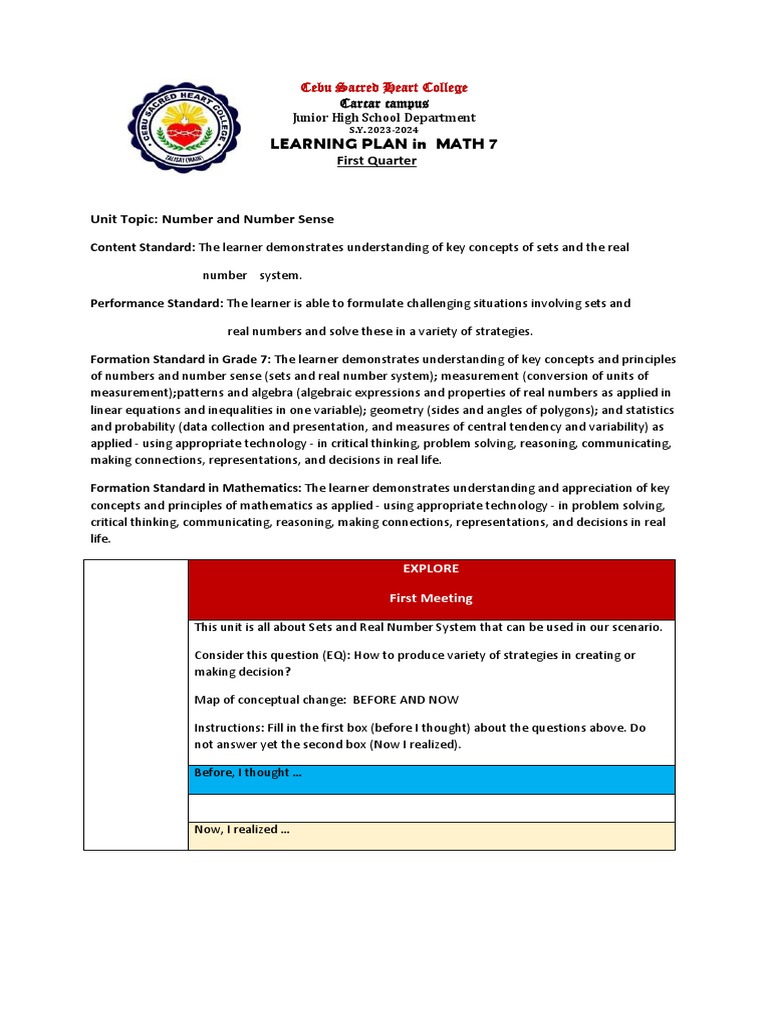 Grade 7 Math Learning Plan: First Quarter | PDF | Set (Mathematics ...