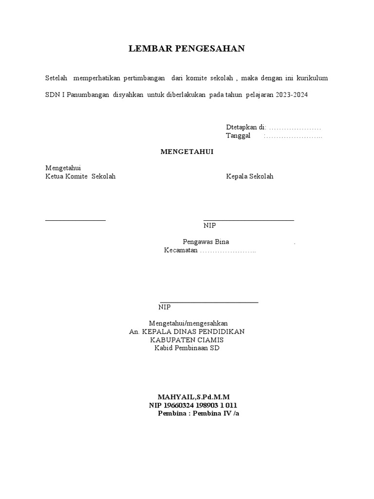 Lembar Pengesahan Kurikulum SDN I | PDF