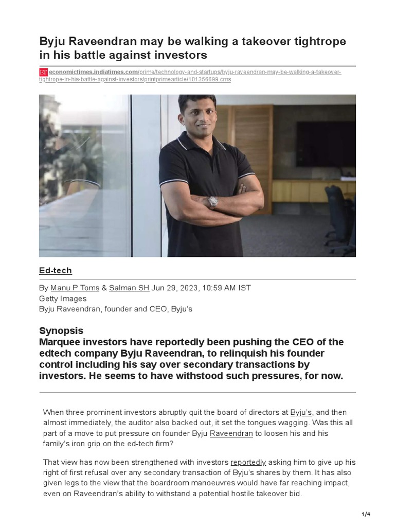 Byju Raveendran May Be Walking A Takeover Tightrope in His Battle ...