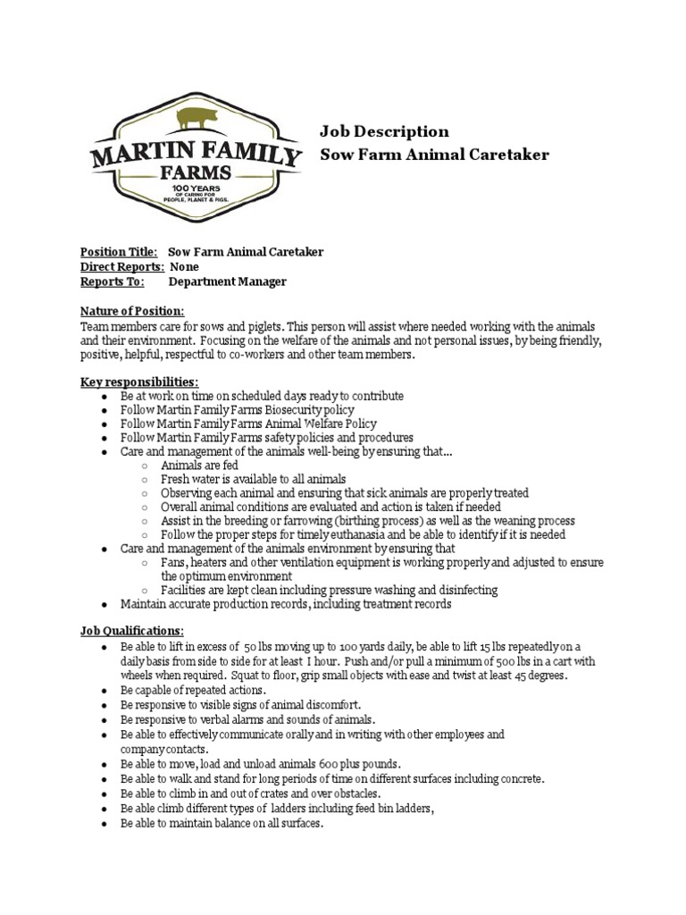 Sow Farm Animal Caretaker Job Description PDF Pig