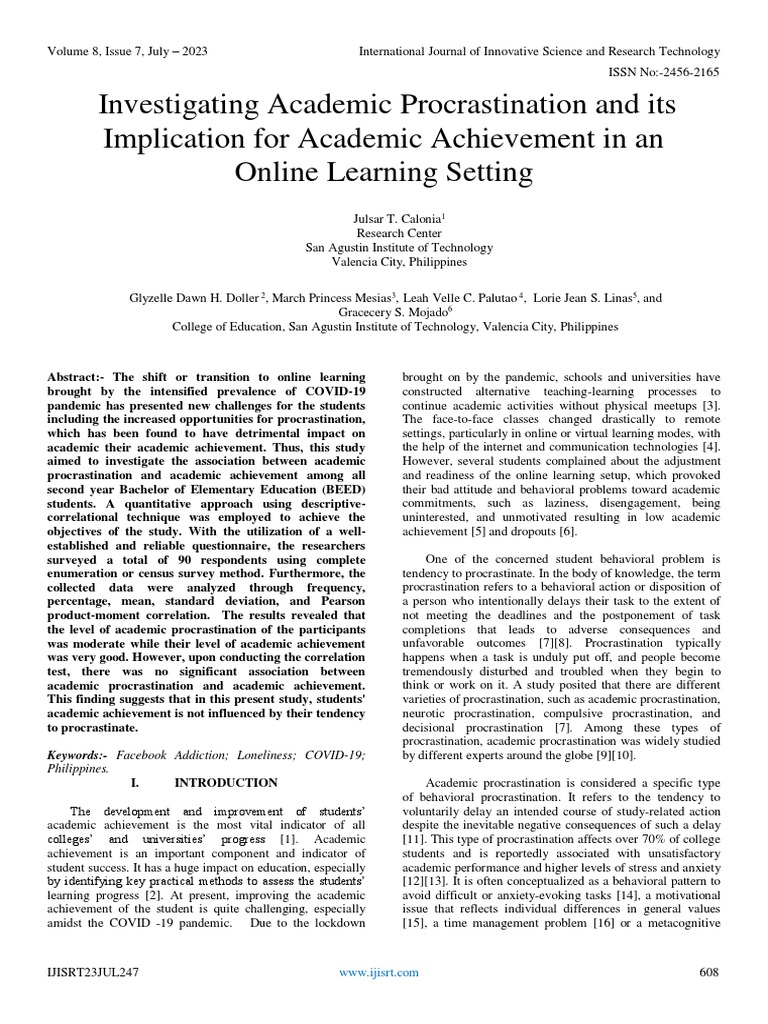 Academic Procrastination in Online Learning | PDF | Procrastination ...