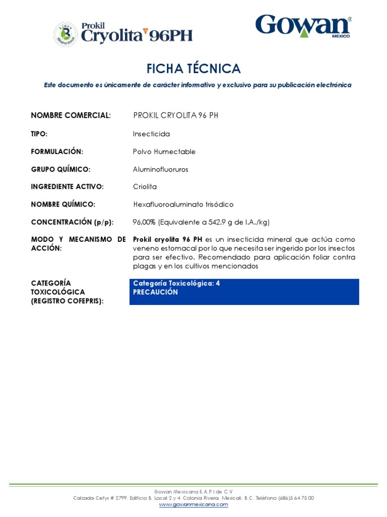 Insecticida Prokil Cryolita 96 PH | PDF | Agua | Tanques