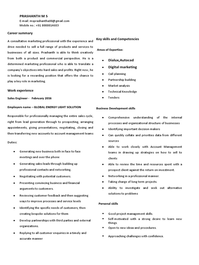 Prashanth M S: Career Summary Key Skills and Competencies | PDF | Sales ...