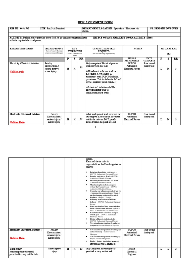 Electrical Risk Assessment for Tie-Ins | PDF | Personal Protective ...