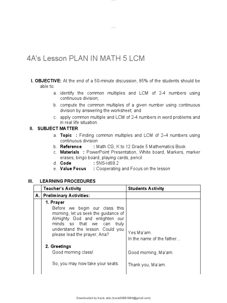 Grade 5 LCM Lesson Plan | PDF