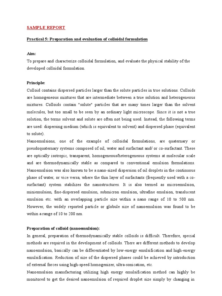 Colloidal Formulation Preparation Report | PDF | Emulsion | Colloid
