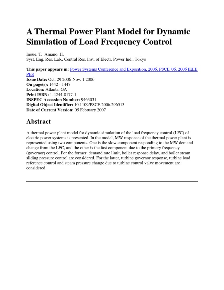A Thermal Power Plant Model For Dynamic Simulation of Load Frequency ...