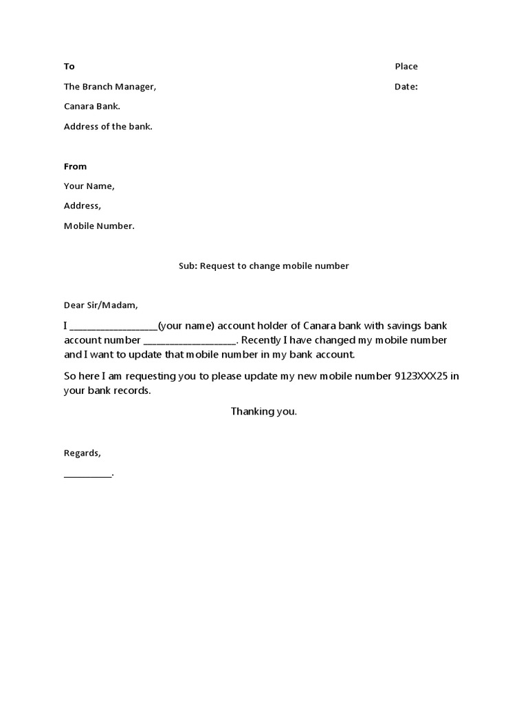 Canara bank mobile number change request letter to manager pdf