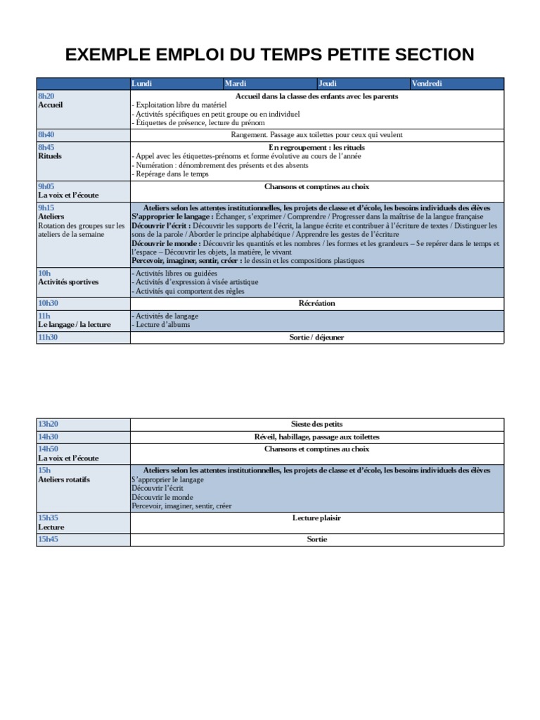 Emploi du temps Petite Section Maternelle | PDF | Arts du langage et ...