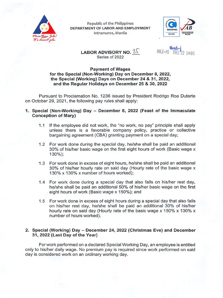 Labor Advisory No. 25 22 Payment of Wages For The Special Non Working