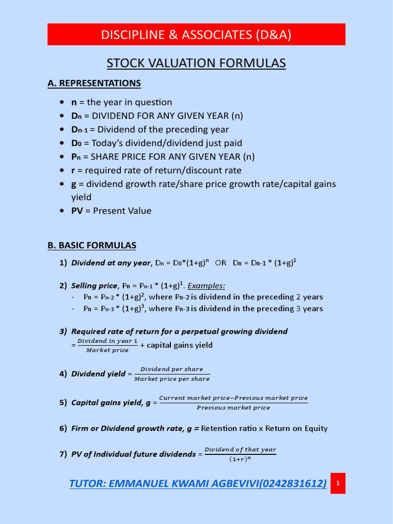(Updated) STOCK VALUATION & INVESTMENT APPRAISAL FORMULAS PDF