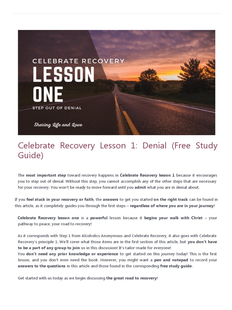 Celebrate Recovery Lesson 1 - Denial (Free Study Guide) - Sharing Life and Love | PDF | Twelve Step Program | Prayer for Free Printable Na Step Working Guide