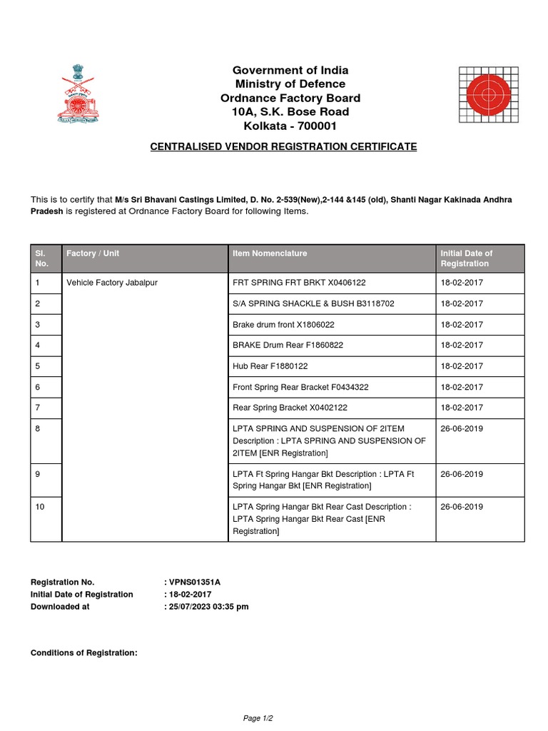 Combined registration certificate