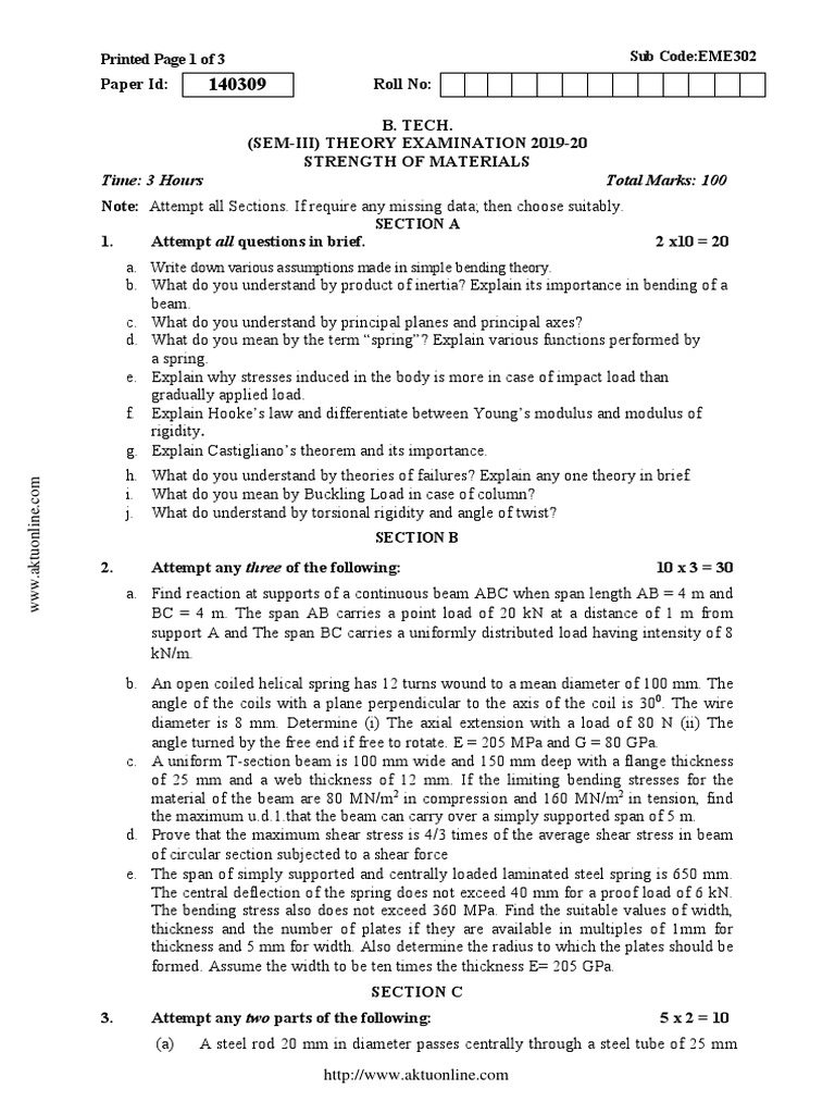 Strength of Materials Exam Paper 2020 | PDF | Bending | Stress (Mechanics)