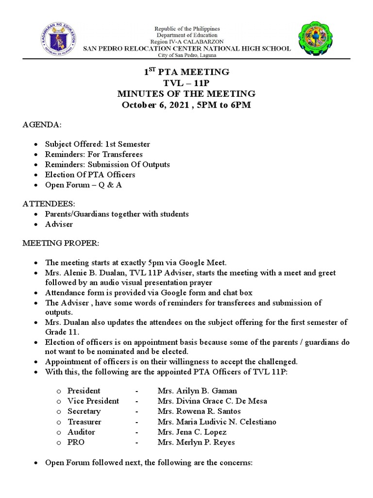 TVL 11P PTA Meeting Minutes 2021 | PDF