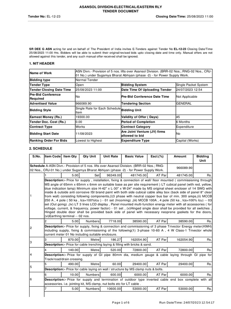 E-Tender for Lift Installation | PDF | Electrical Wiring | Pipe (Fluid ...