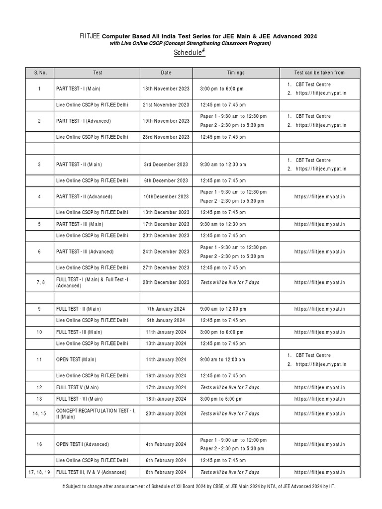 AITS Schedule 2024 PDF Chemistry Physics