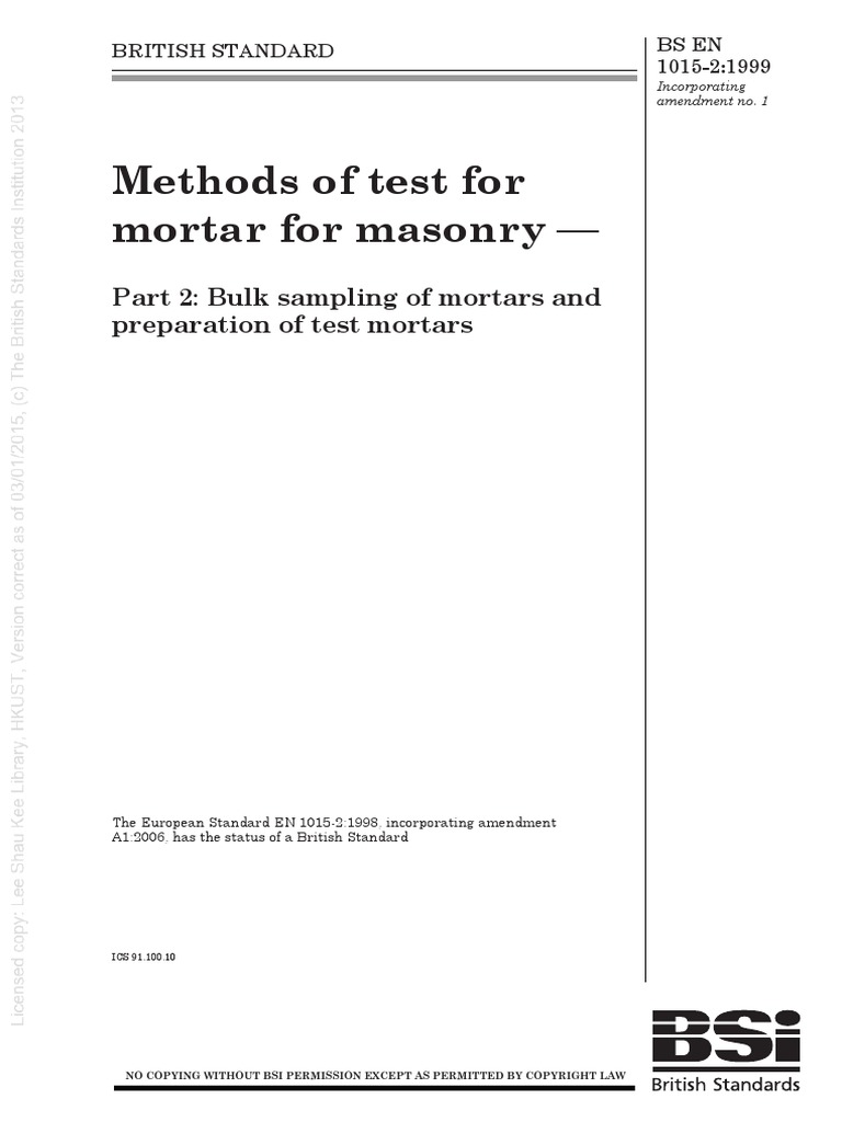 (BS en 101521999) Methods of Test For Mortar For Masonry. Bulk
