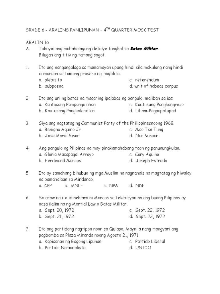 Grade 6 4TH Quarter Mock Test Araling Panlipunan PDF