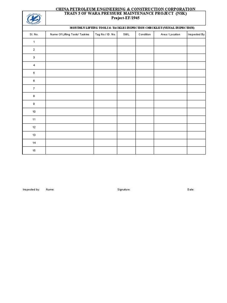 Monthly Lifting Tools Inspection Checklist | PDF