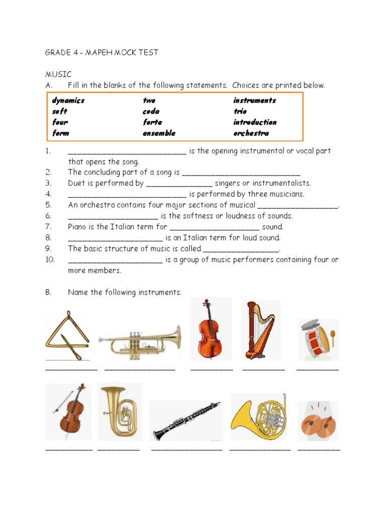 Grade 4 MAPEH Mock Test: Music & PE | PDF | Performing Arts | Musical ...