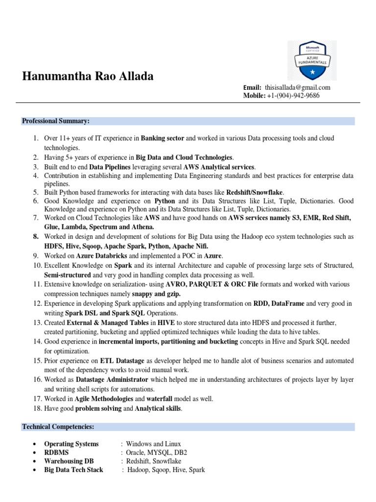 Big Data Engineer Resume Overview | PDF | Apache Spark | Apache Hadoop