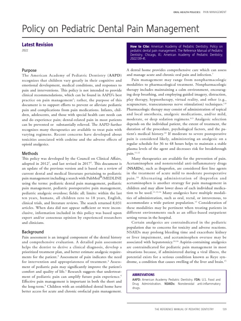 Policy On Pediatric Dental Pain Management PDF Pain Management