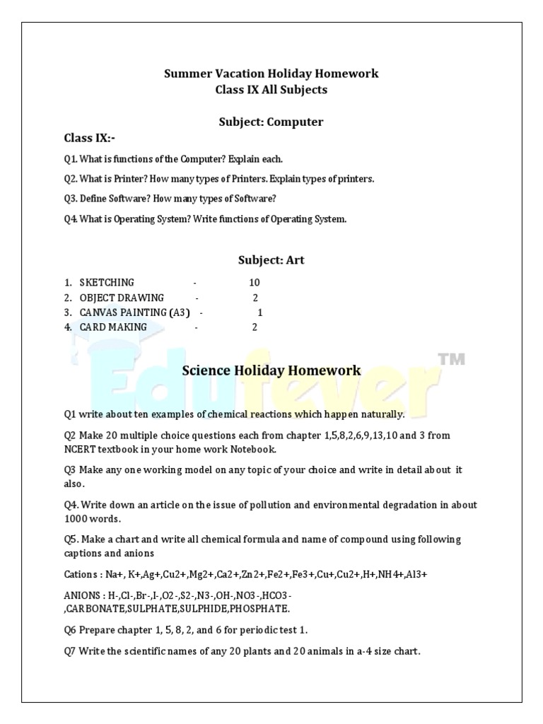 Class 9 Summer Vacation Homework Guide | PDF | Chemistry