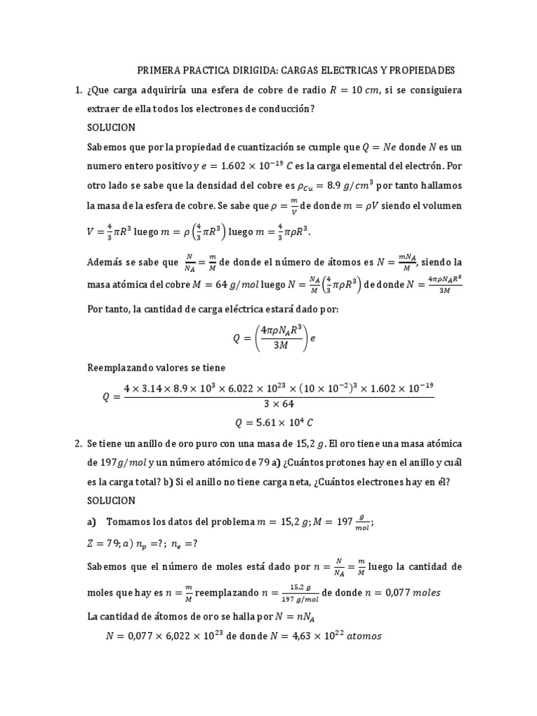 I Practica Dirigida Cargas Electricas y Propiedades PDF Carga eléctrica Integral