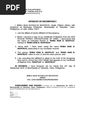 Affidavit of Discrepancy Baptismal Certificate Doc RHEA MAE