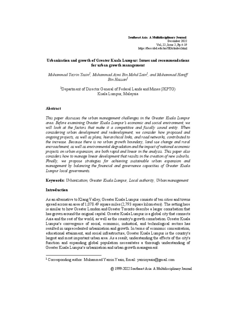 Urbanization and Growth of Greater Kuala Lumpur | PDF | Cost Of Living ...