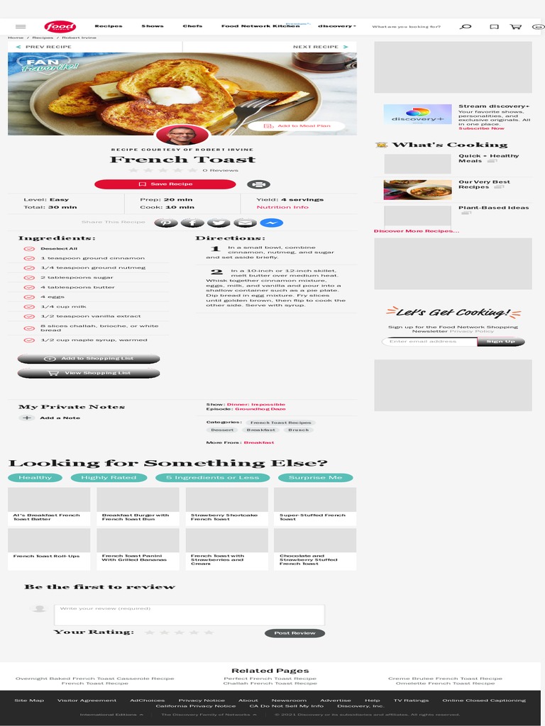 Brioche French Toast Recipe Robert Irvine Food Network PDF Foods